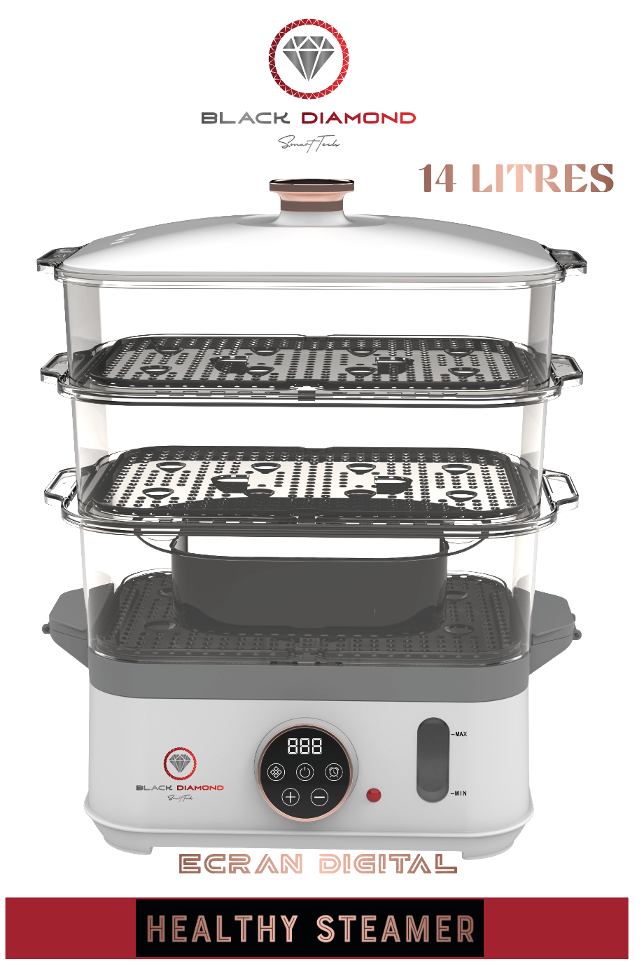 Cuiseur Vapeur "Healthy Steamer": Ecran Digital, XXL 14 litres, 9 programmes, SANS BPA