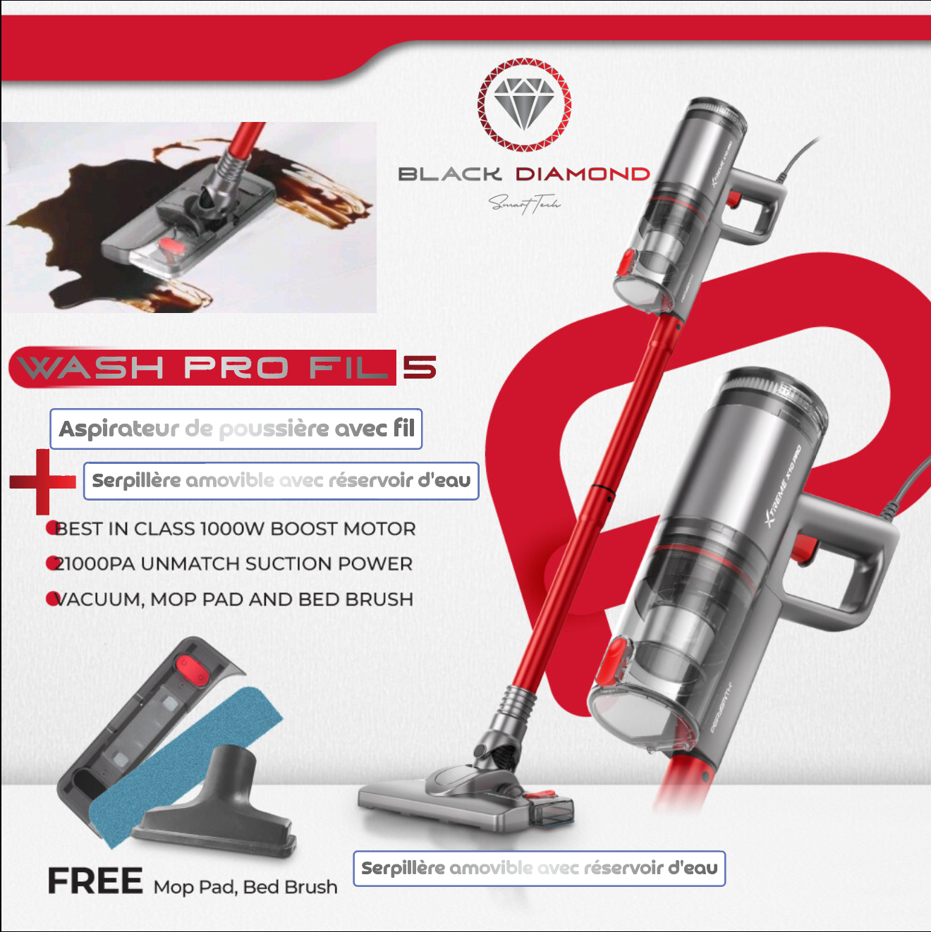 Aspirateur Wash Pro Fil AVEC fil Serpillère avec réservoir d