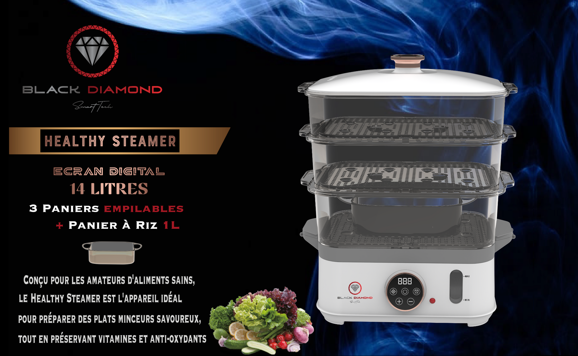 Cuiseur Vapeur "Healthy Steamer": Ecran Digital, XXL 14 litres, 9 programmes, SANS BPA