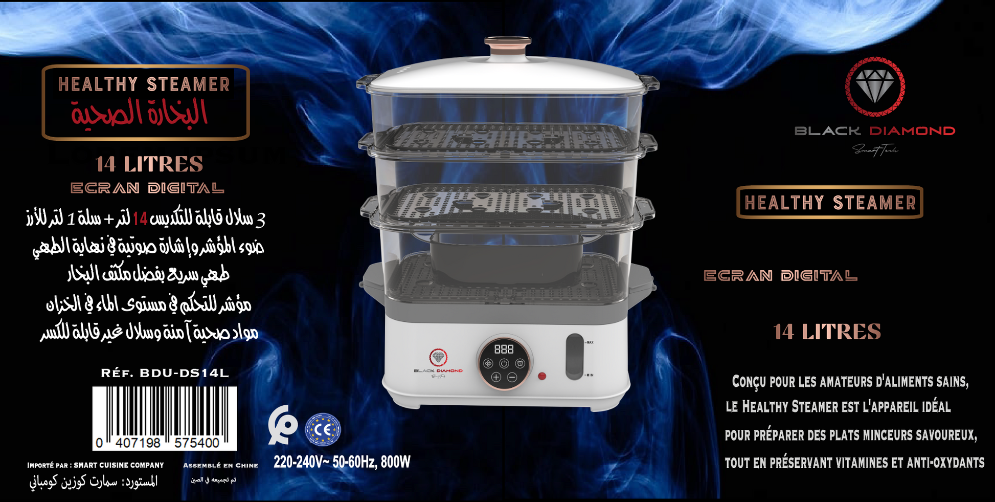 Cuiseur Vapeur "Healthy Steamer": Ecran Digital, XXL 14 litres, 9 programmes, SANS BPA