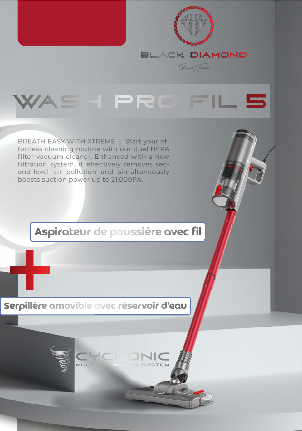 Aspirateur Wash Pro Fil 5 : AVEC fil + Serpillère avec réservoir d'eau