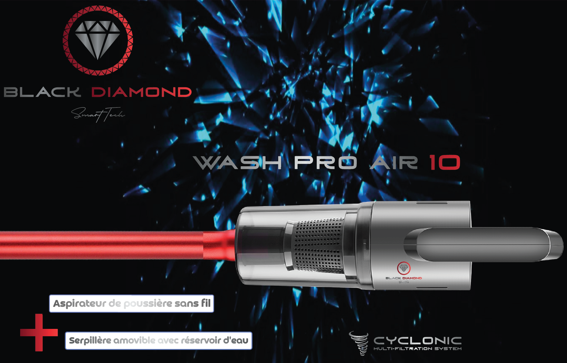 Aspirateur Wash Pro Air 10 : SANS fil + Serpillère avec réservoir d'eau